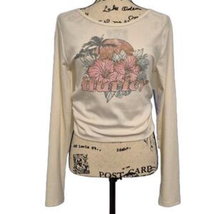 Hurley Cream Long Sleeve Tropical Floral Graphic Tee XL Crop Side Ruching NWT